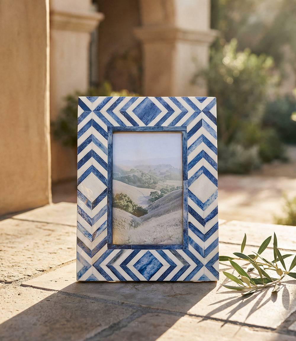 Handcrafted mosaic bone picture frame with unique dyed natural bone pieces, holds 4x6 photos, stands horizontal or vertical