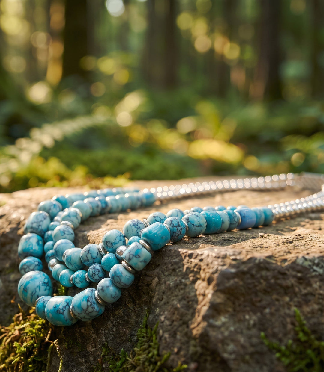 Multi strand turquoise necklace with silver accents and layered blue beads