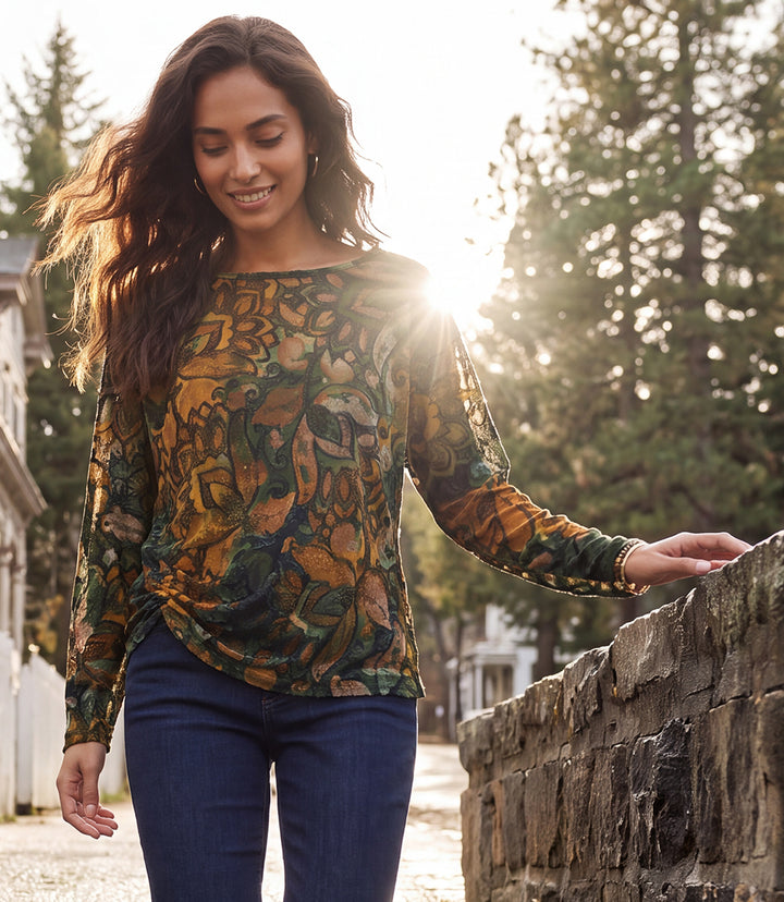 Long Sleeve Tie-Dye Burnout Side-Pick Up Top