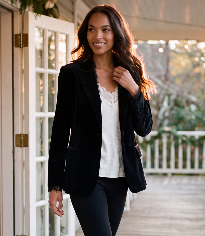 Lace Trim Velvet Blazer