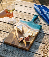 Ocean Waves Wooden Tray handcrafted from acacia hardwood and resin with handle for serving charcuterie and cheese