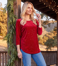 Velvet 3/4 Sleeve Sparkle Shirttail Top