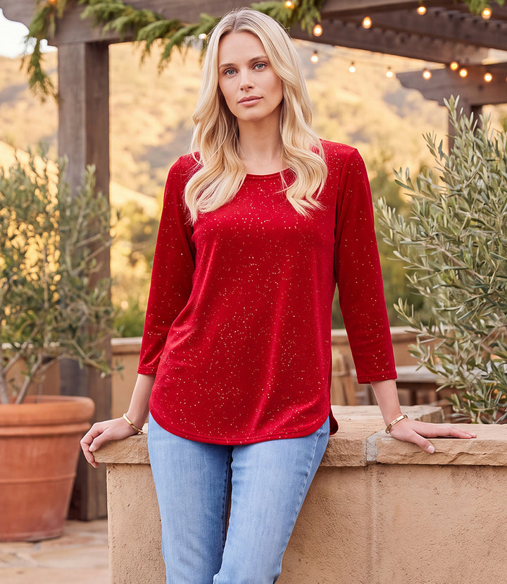 Velvet 3/4 Sleeve Sparkle Shirttail Top