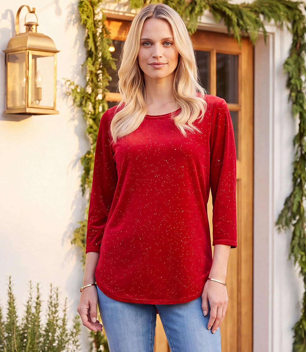 Velvet 3/4 Sleeve Sparkle Shirttail Top