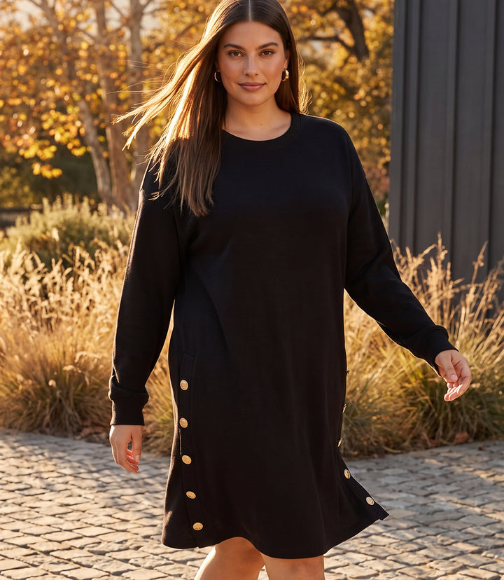 Plus Size Long Sleeve Crewneck Button Detail Dress
