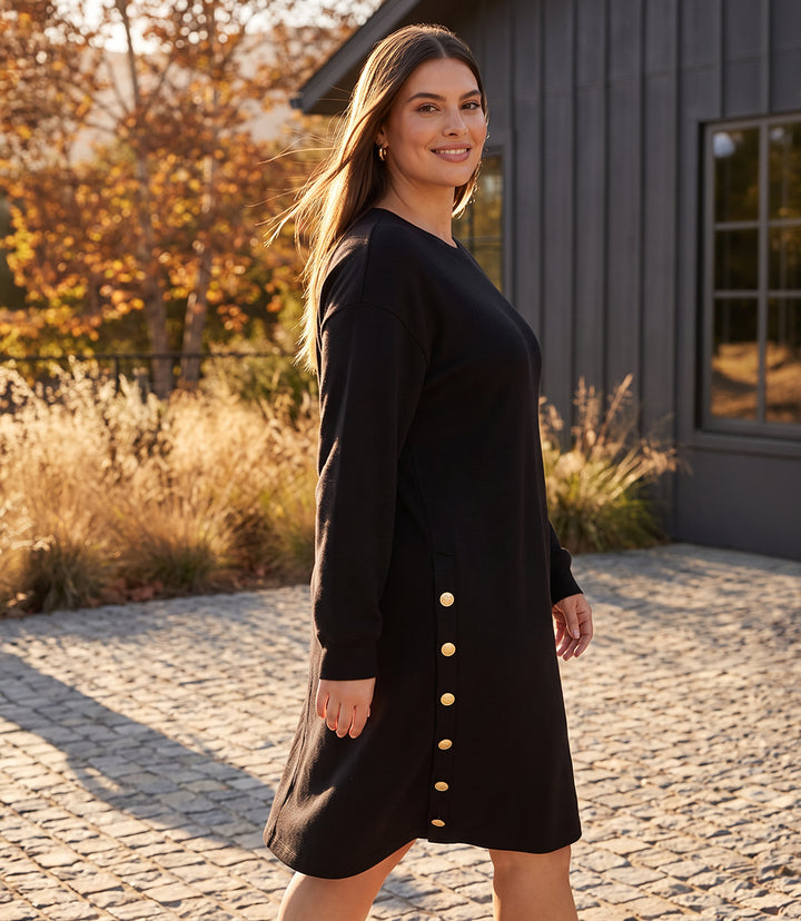 Plus Size Long Sleeve Crewneck Button Detail Dress