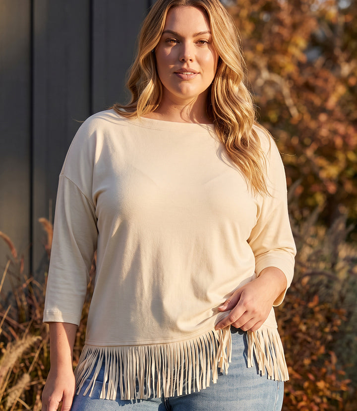Plus Size 3/4 Sleeve Fringe Boatneck Top