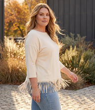 Plus Size 3/4 Sleeve Fringe Boatneck Top