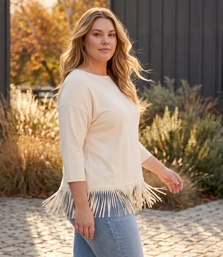 Plus Size 3/4 Sleeve Fringe Boatneck Top