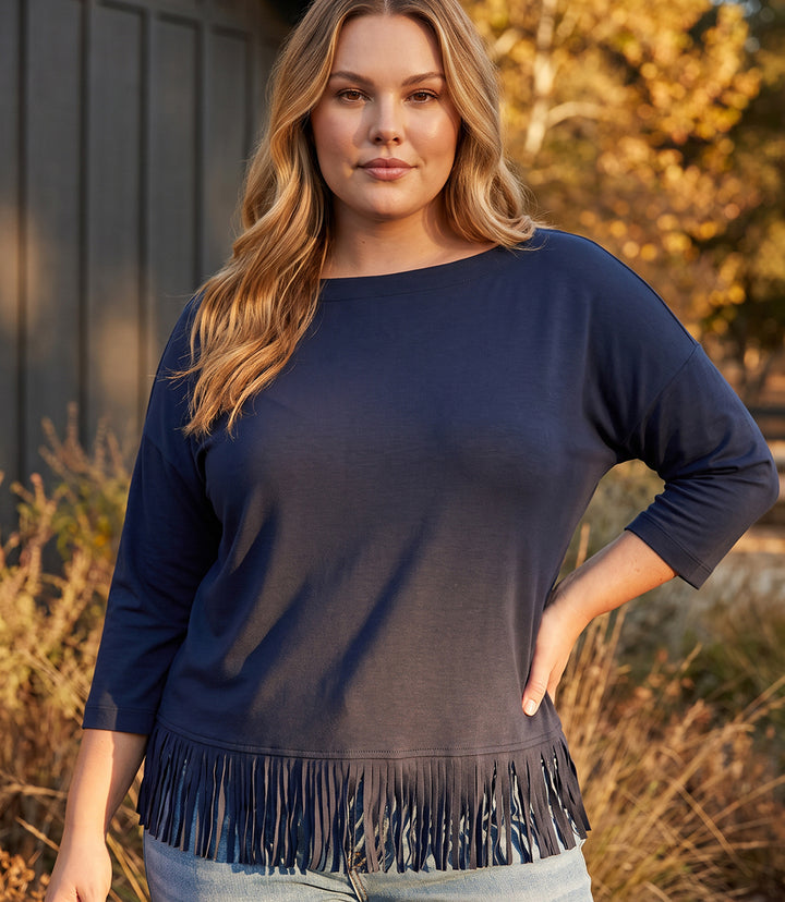 Plus Size 3/4 Sleeve Fringe Boatneck Top