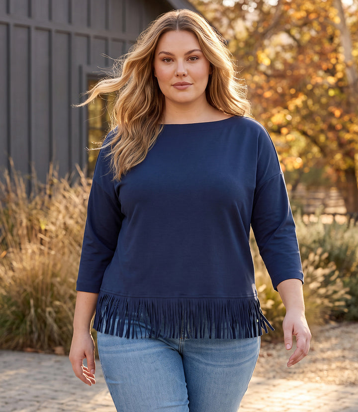 Plus Size 3/4 Sleeve Fringe Boatneck Top