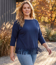 Plus Size 3/4 Sleeve Fringe Boatneck Top