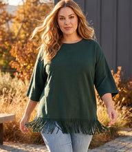 Plus Size 3/4 Sleeve Fringe Boatneck Top