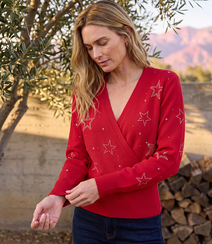 Petite Size Embellished Star Wrap Sweater