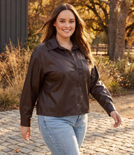 Plus Size Faux Leather Long Sleeve Button-Up Shirt