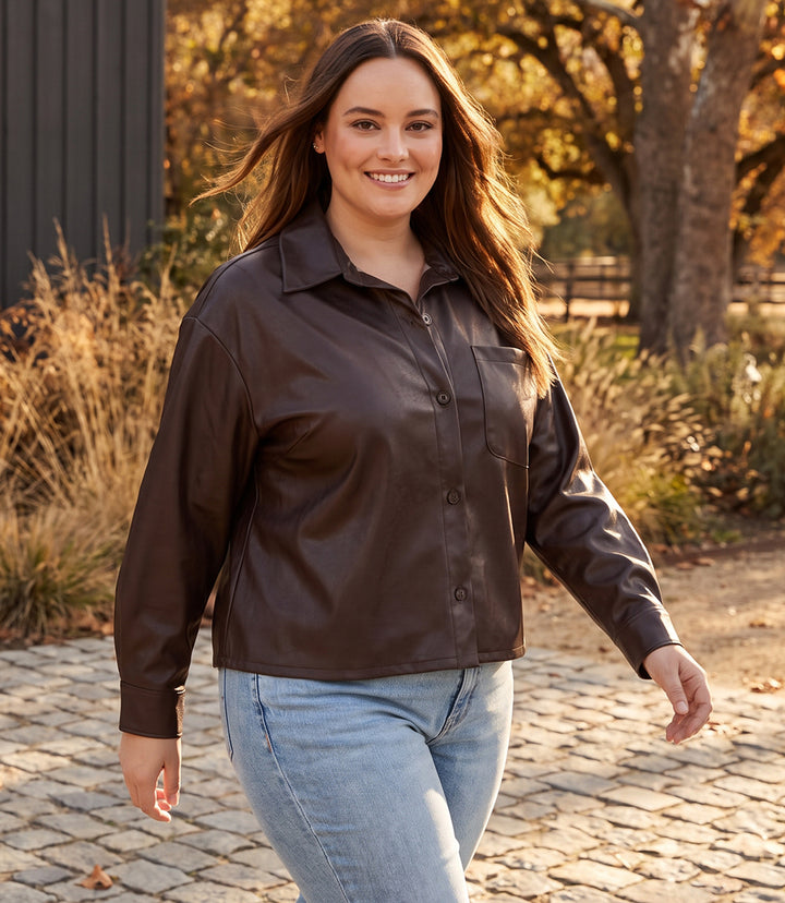 Plus Size Faux Leather Long Sleeve Button-Up Shirt
