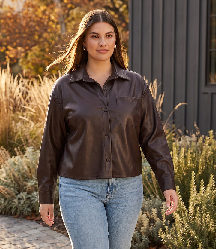 Plus Size Faux Leather Long Sleeve Button-Up Shirt