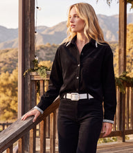 Long Sleeve Embellished Corduroy Button-Up Top
