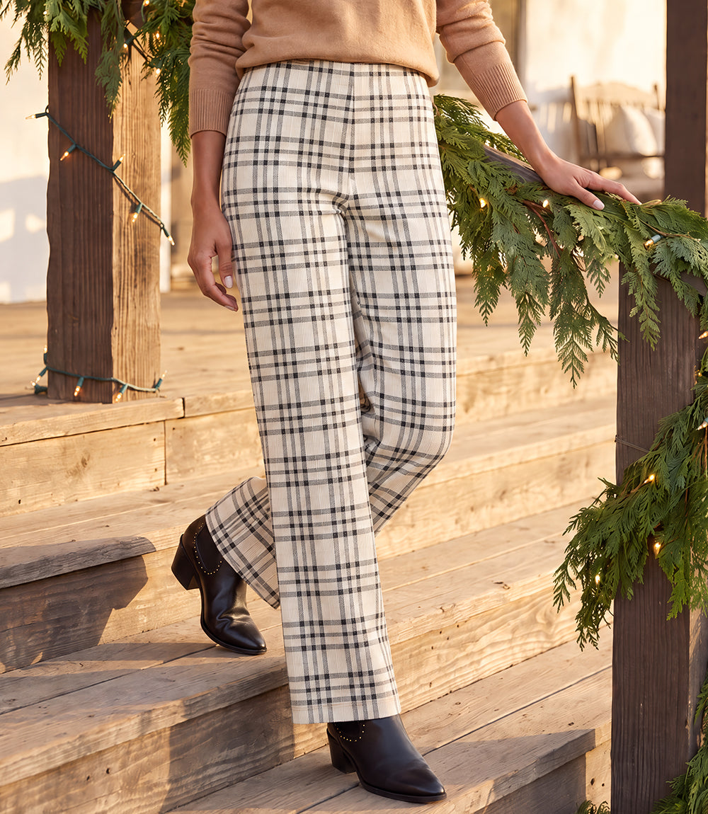 Plaid Corduroy Pull On Full Length Pants