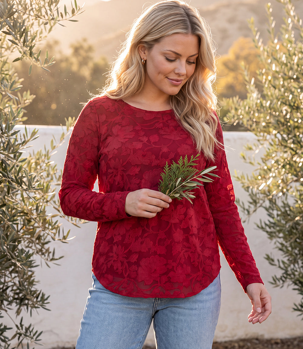 Plus Size Long Sleeve Burnout Shirttail Top