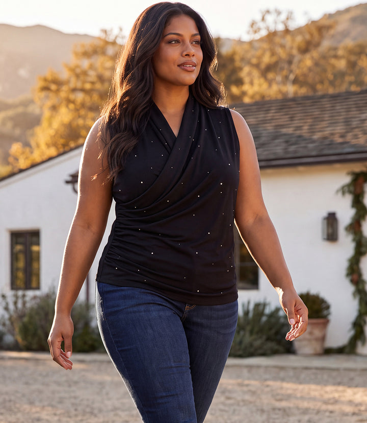 Plus Size Sleeveless Embellished Crossover Side Shirred Top