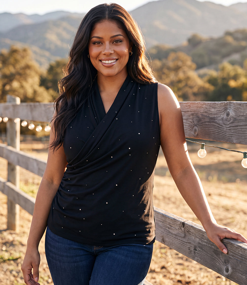 Plus Size Sleeveless Embellished Crossover Side Shirred Top