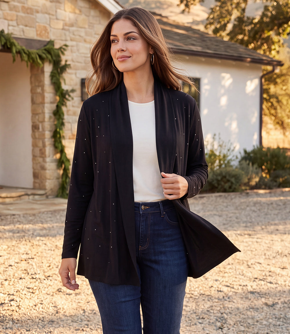 Embellished Open Front Drape Cardigan
