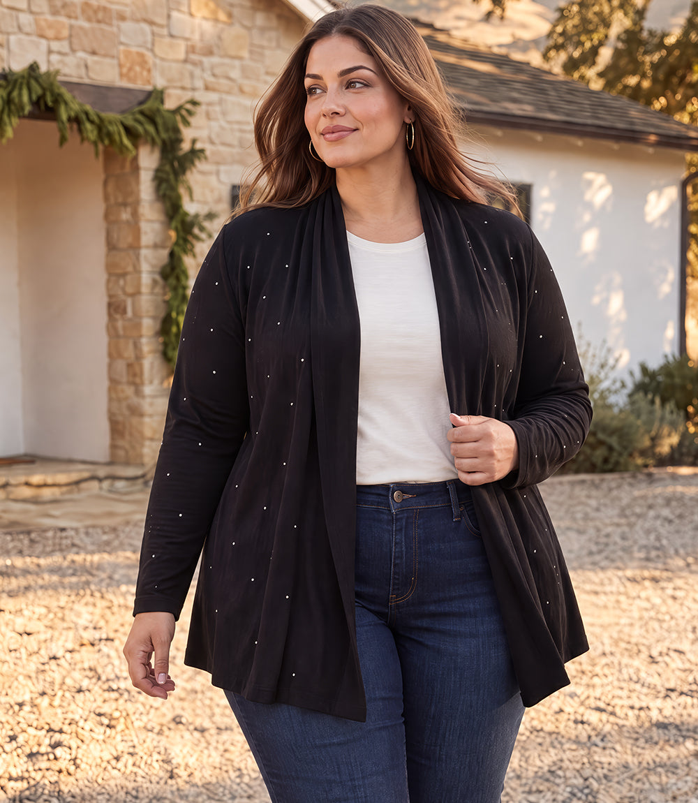 Plus Size Embellished Open Front Drape Cardigan