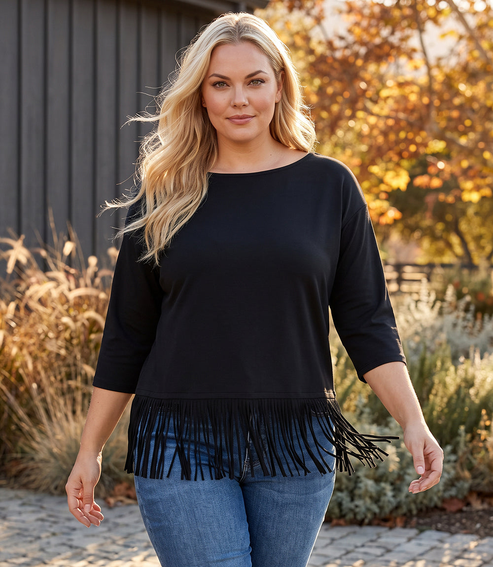 Plus Size 3/4 Sleeve Fringe Boatneck Top