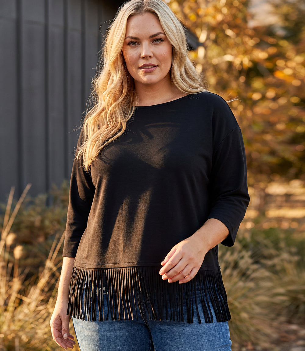 Plus Size 3/4 Sleeve Fringe Boatneck Top