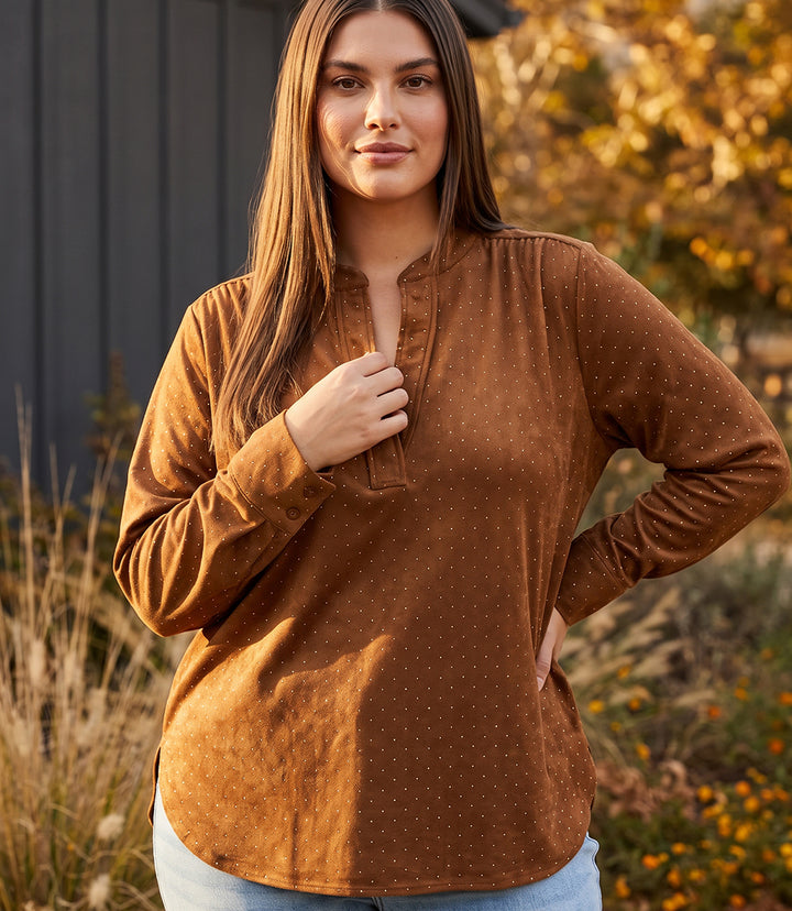 Plus Size Faux Suede Embellished Half-Placket Shirt