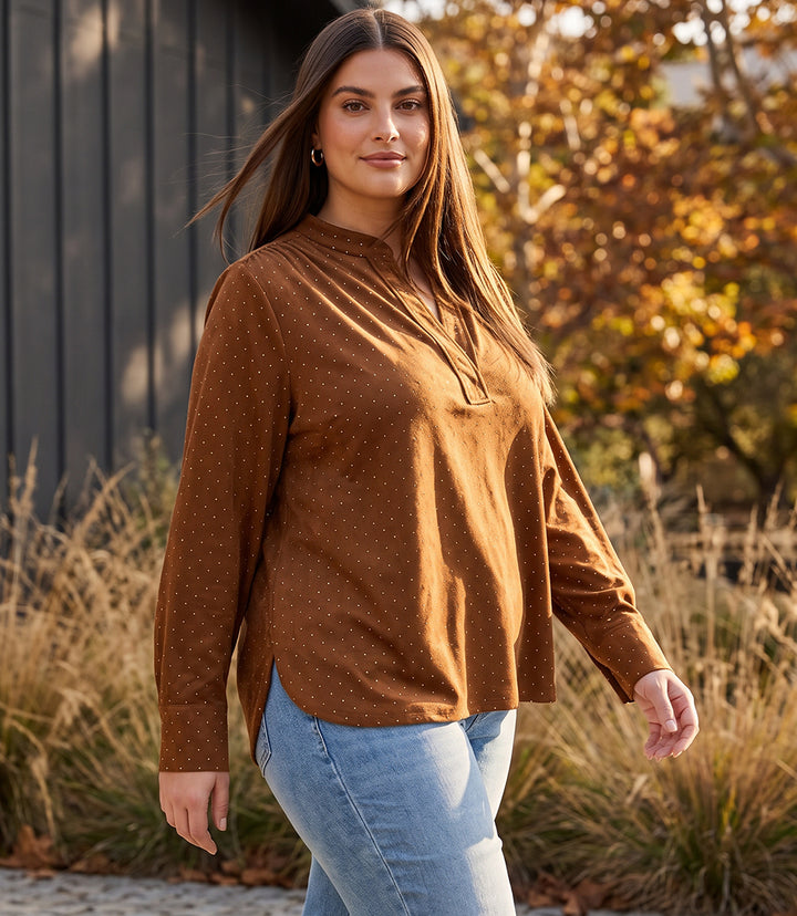 Plus Size Faux Suede Embellished Half-Placket Shirt