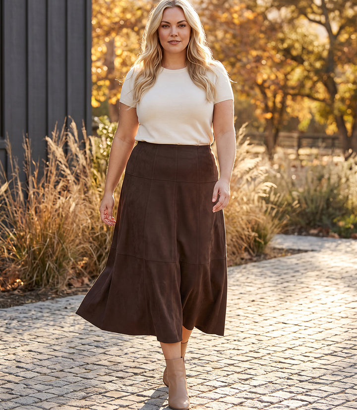Plus Size Tiered Faux Suede Midi Skirt