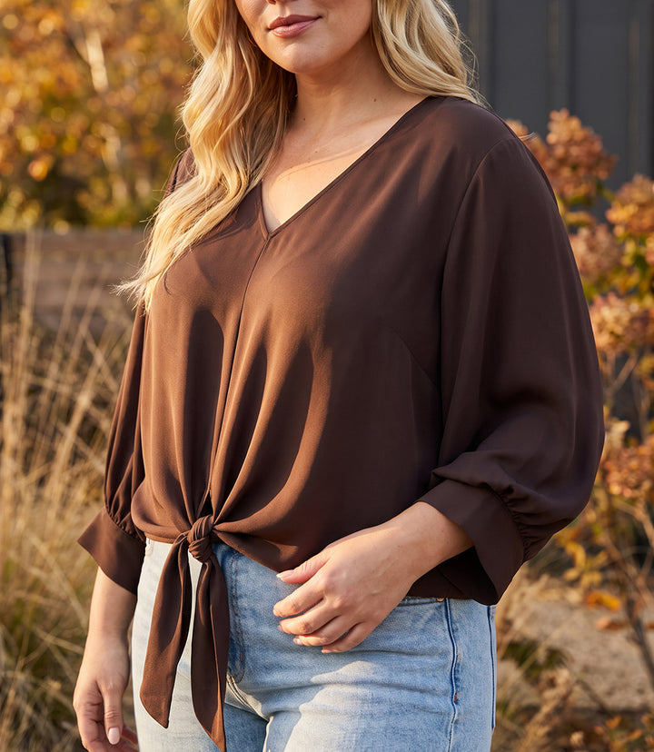 Plus Size Blouson Sleeve Tie-Front Top