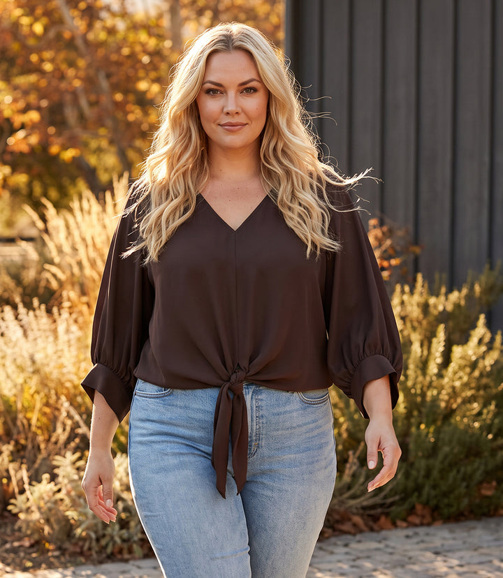 Plus Size Blouson Sleeve Tie-Front Top