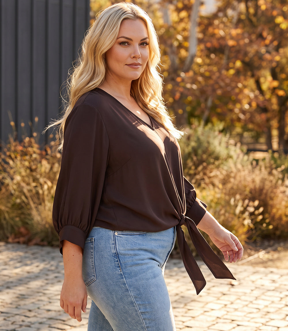 Plus Size Blouson Sleeve Tie-Front Top