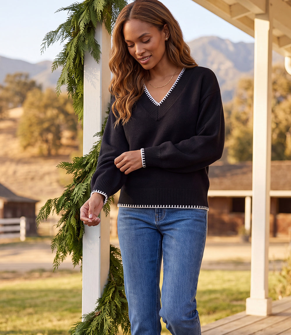 Varsity V-Neck Contrast Stitch Sweater