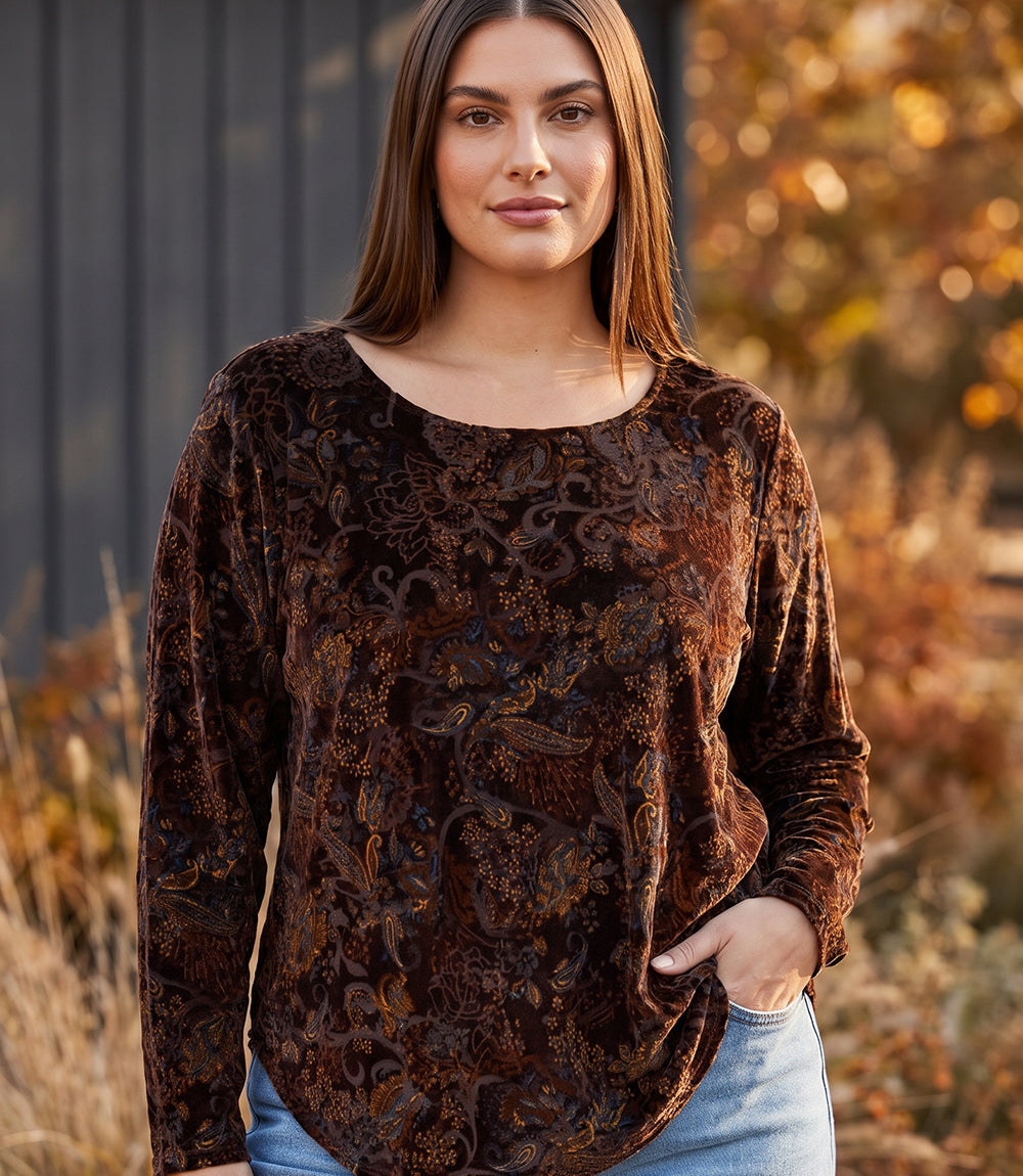 Plus Size Long Sleeve Velvet Burnout Shirttail Top