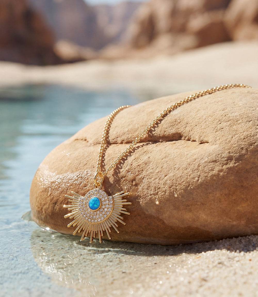 Opal Sunburst Necklace with turquoise center, 18K gold sunburst pendant, pavé accents, 18" chain