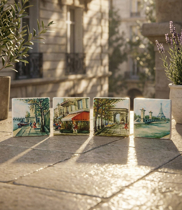 Set of 4 Paris Marble Coasters with iconic Paris scenes and cork backing
