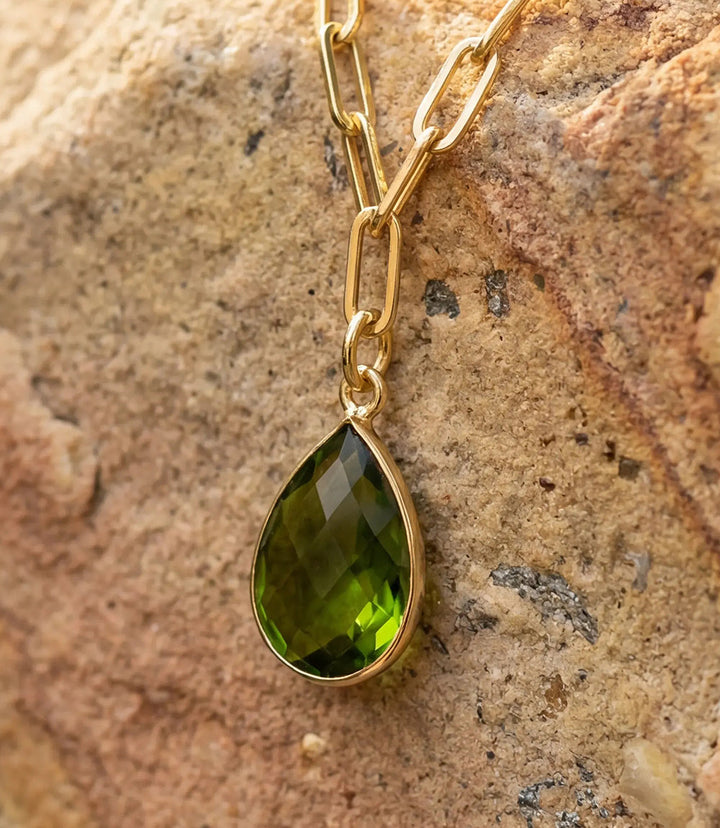 Peridot Gemstone Teardrop Necklace with gold plated setting and vibrant green pendant