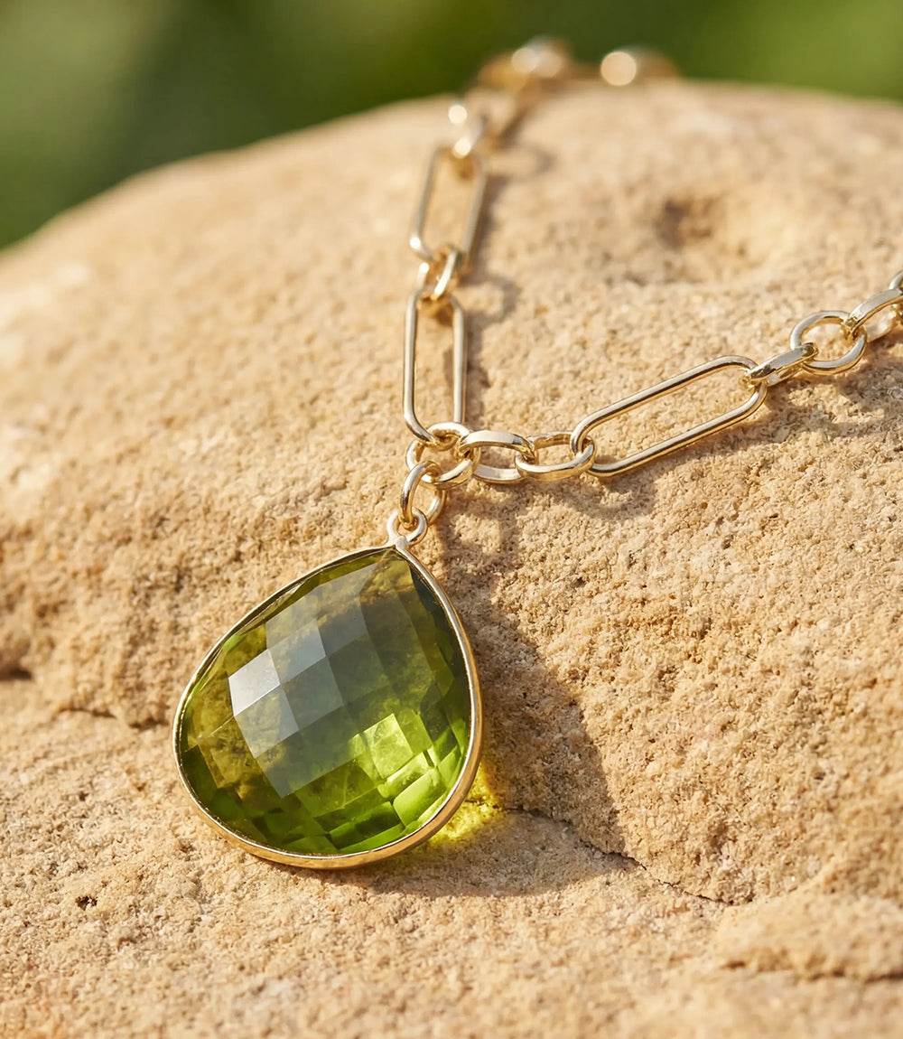 Peridot quartz pendant on gold plated paperclip chain with lobster clasp