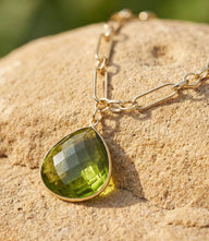 Peridot quartz pendant on gold plated paperclip chain with lobster clasp