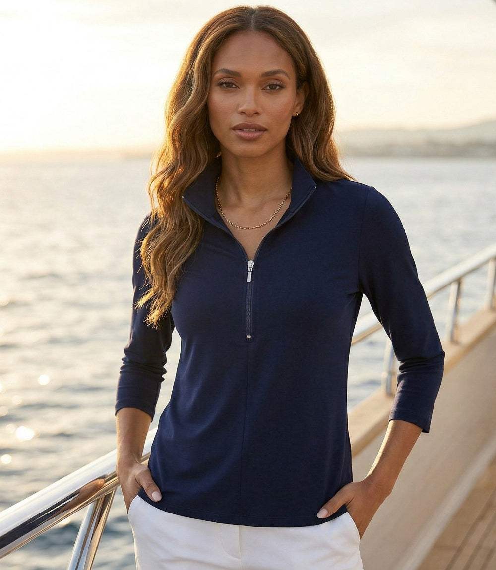 Petite Size 3/4 Sleeve Zip-Up Travel Jersey Top - Stylish