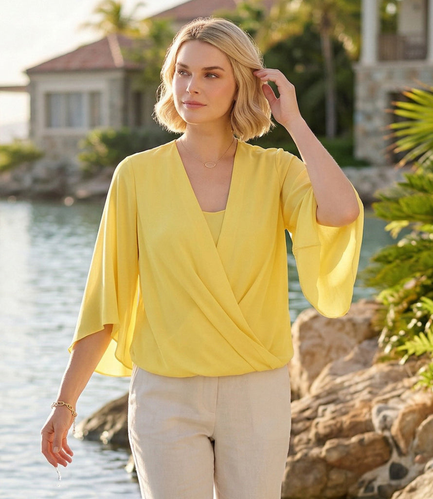 Petite Size Bracelet Sleeve Drape Front Crossover Top – Karen Kane