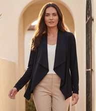 Petite size drape travel cardigan in smooth jersey with open front and long sleeves