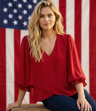 Petite layered sleeve asymmetric top in silky crepe with V-neck and gathered shoulders