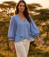 Petite size layered sleeve asymmetric top in silky crepe with V-neck and gathered shoulders