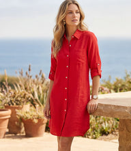 Breathable linen shirtdress with button-front, collar, long roll-tab sleeves, and curved hem for relaxed fit