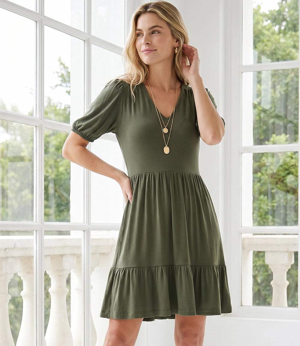 Petite size puff sleeve tiered dress in rayon spandex jersey with V-neck and flowy silhouette